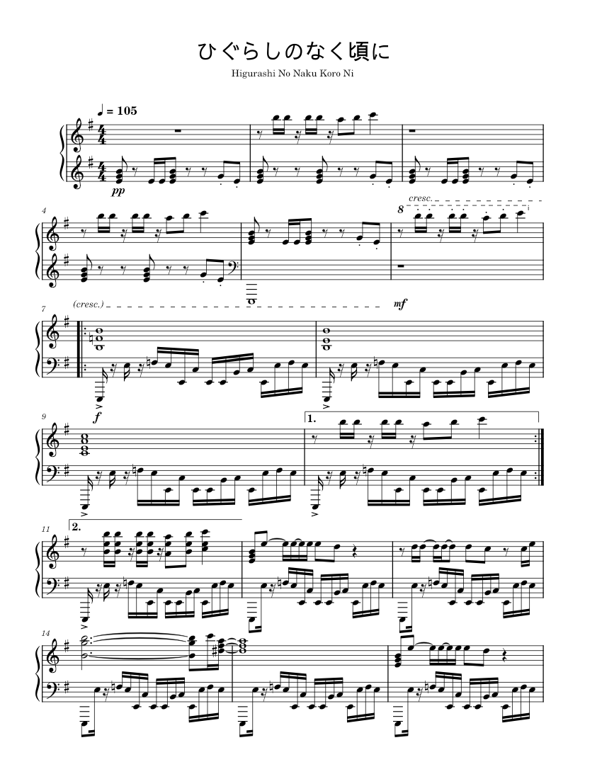 [Higurashi No Naku Koro Ni OP 1] ひぐらしのなく頃に - Eiko Shimamiya Sheet Music ...