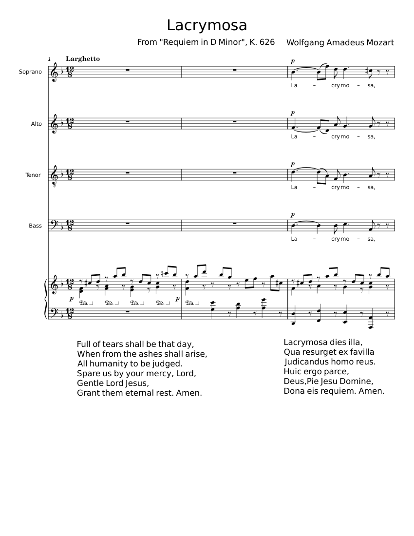 Lacrymosa - Wolfgang Amadeus Mozart Sheet Music for Piano, Bass guitar ...