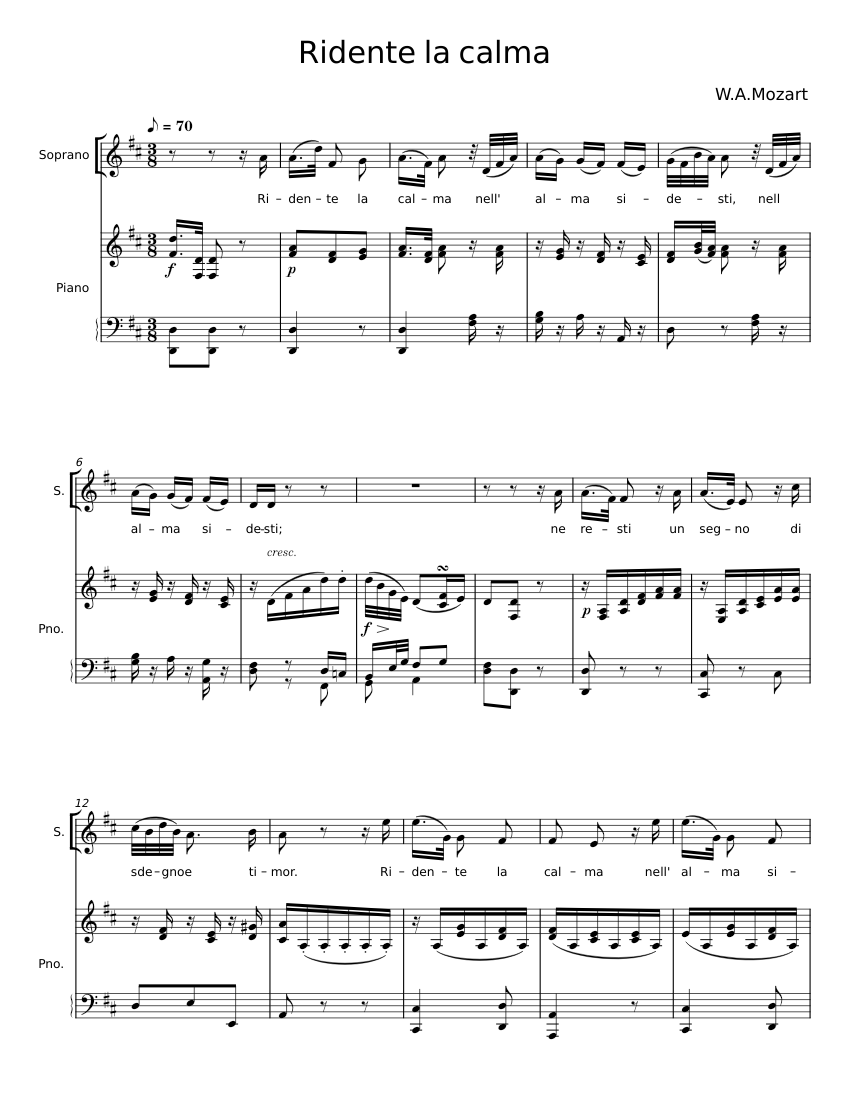 Ridente la calma - W. A. Mozart Sheet Music for Piano, Synthesizer ...