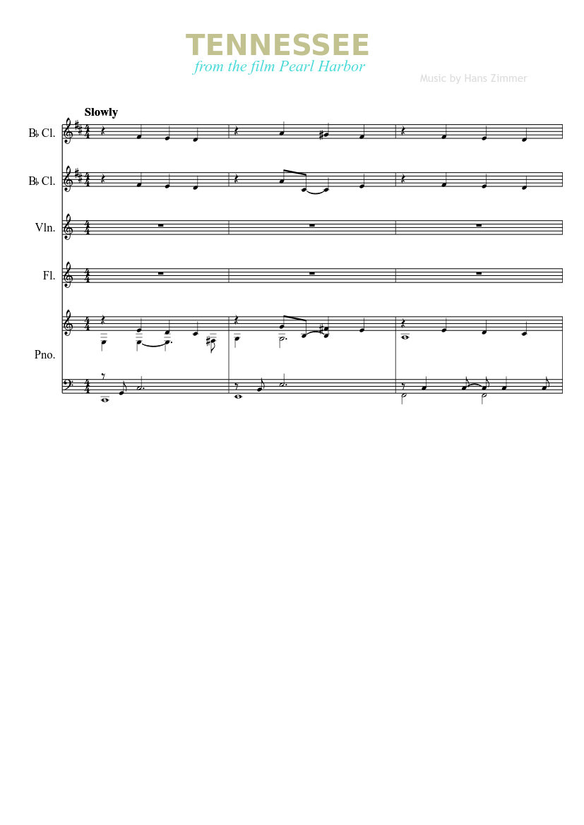Tenesse Pearl Harbor film Sheet music for Piano, Flute, Violin
