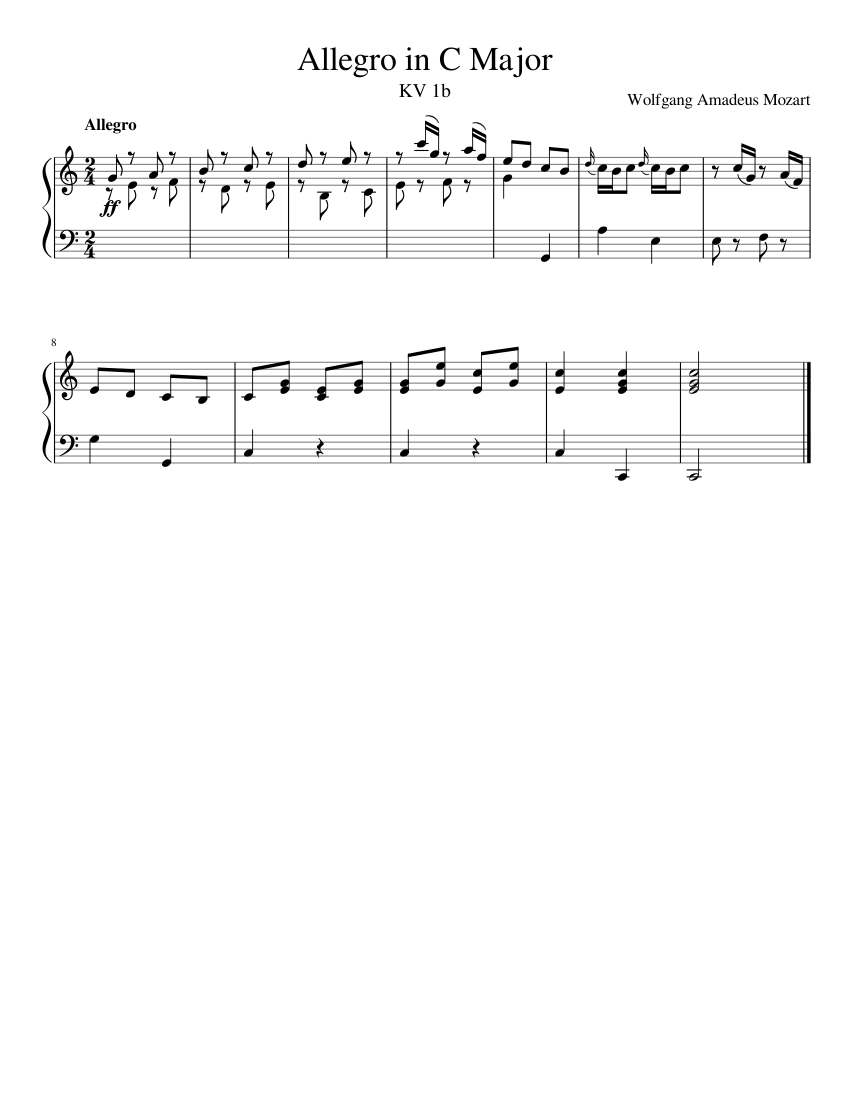 Mozart: KV 1b- Allegro in C Major Sheet Music for Piano (Solo) easy ...
