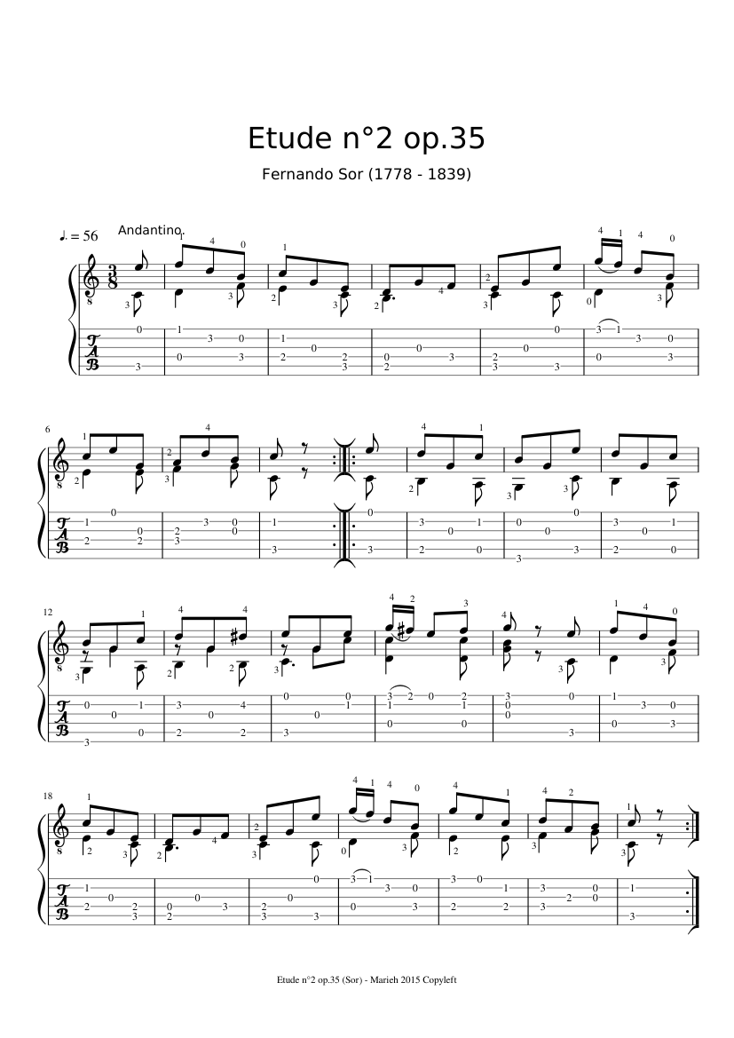 Etude n°2 op.35 - Fernando Sor (1778 - 1839) Tablature Sheet Music