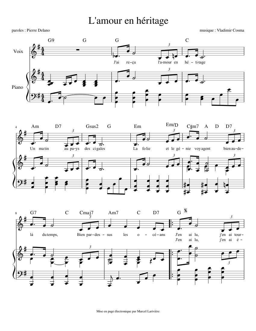 L'amour en héritage Sheet music for Piano, Vocals (Piano-Voice) |  Musescore.com
