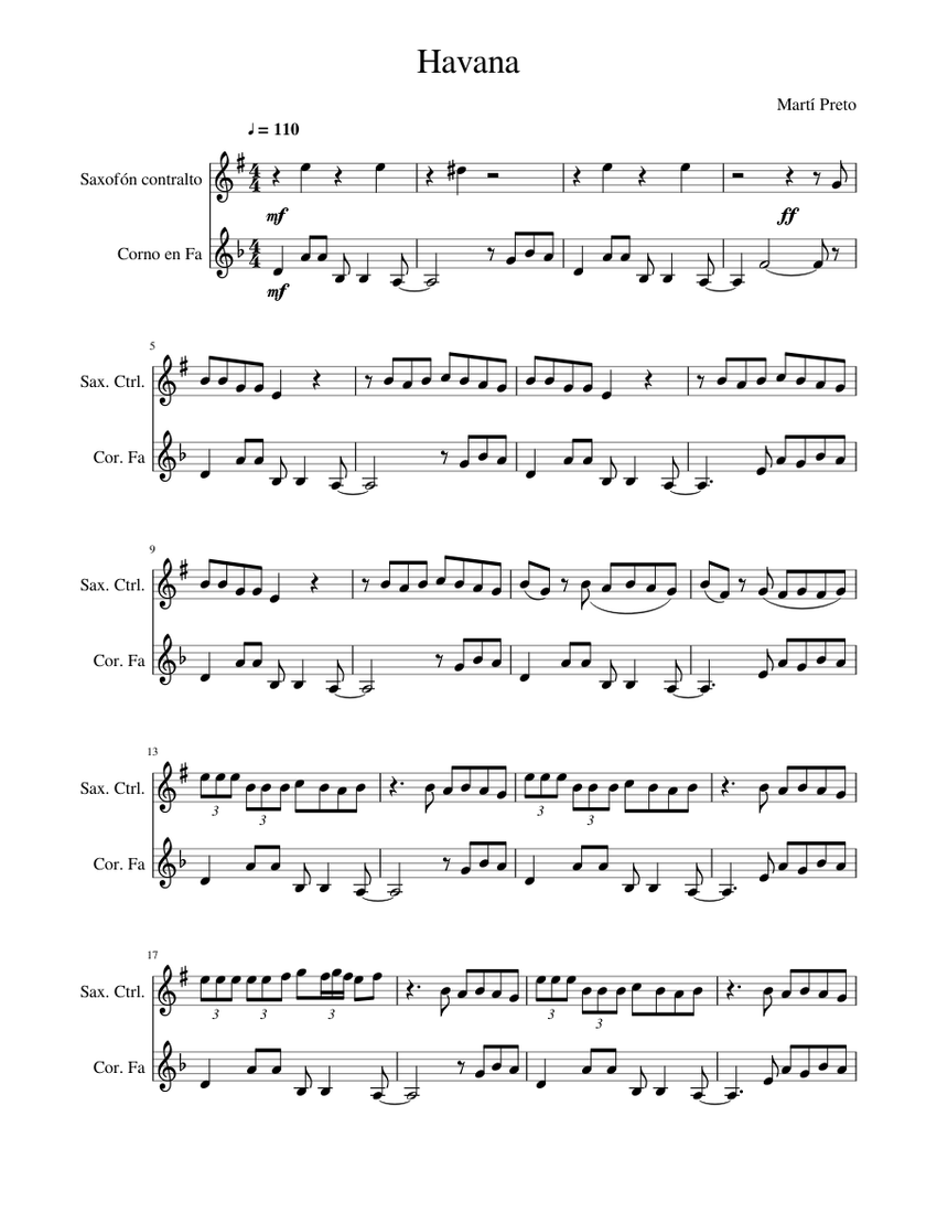 Havana Sheet music for Saxophone alto, French horn (Mixed Duet