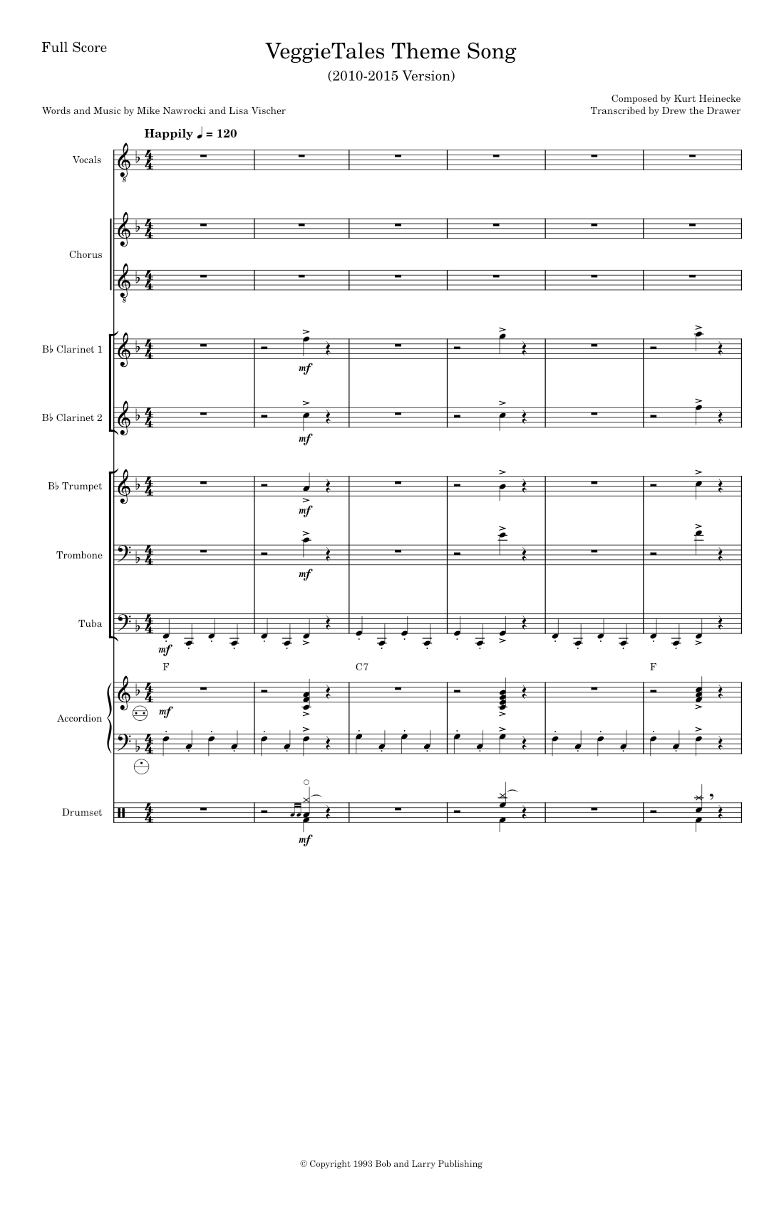 VeggieTales Theme Song Sheet Music for Trombone, Accordion, Tuba, Drum ...