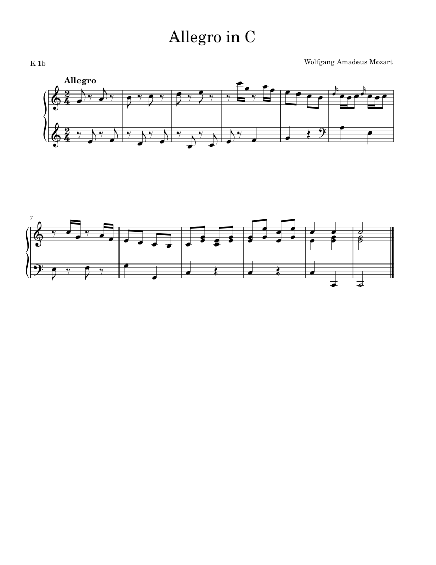 Allegro in C K 1b - Wolfgang Amadeus Mozart Sheet Music for Piano (Solo ...