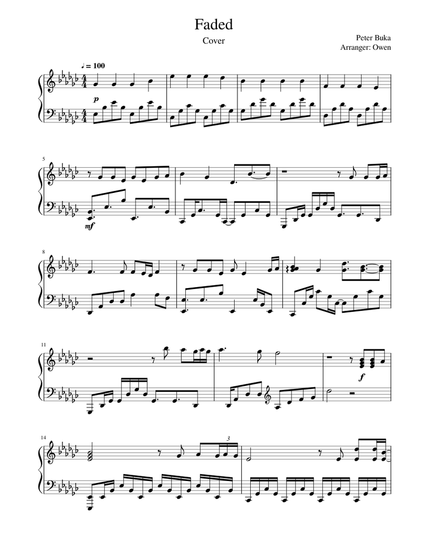 Faded Peter Buka Cover Sheet music for Piano (Solo) | Musescore.com