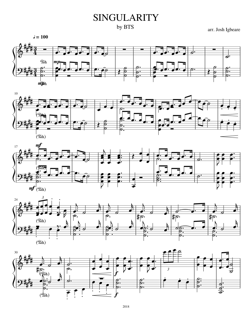 Bts Love Yourself Tear Singularity V Taehyung Piano Arrangement Sheet Music For Piano Solo Musescore Com