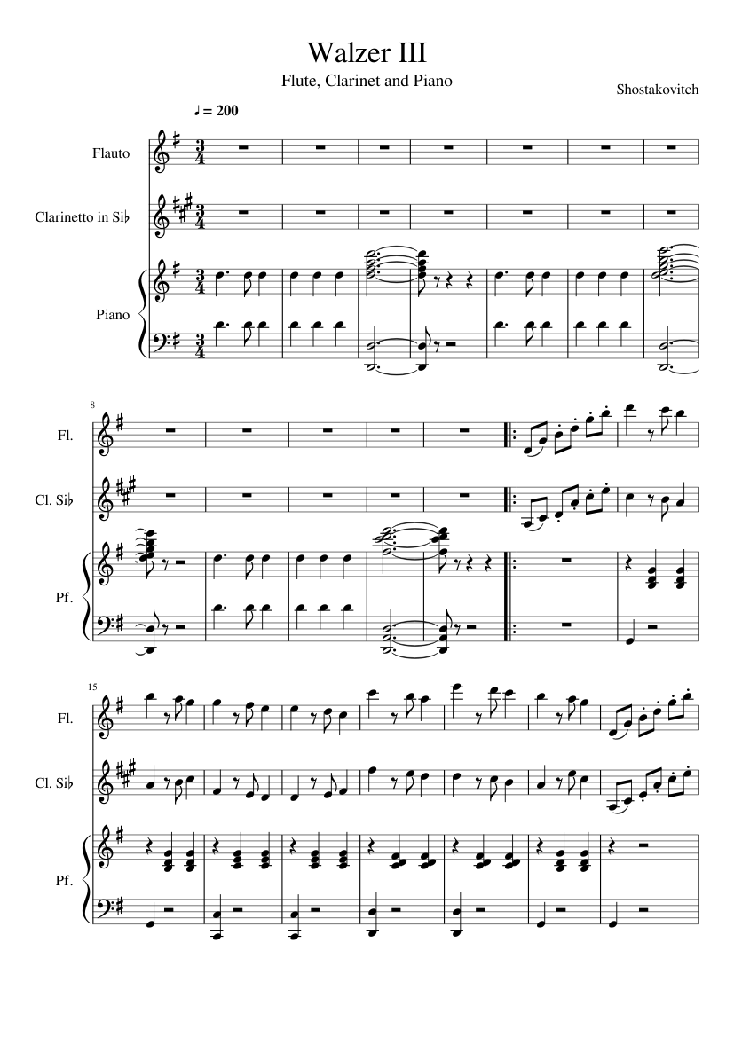 Shostakovich Waltz III Sheet music for Piano, Flute, Clarinet in b-flat (Piano  Trio) | Musescore.com