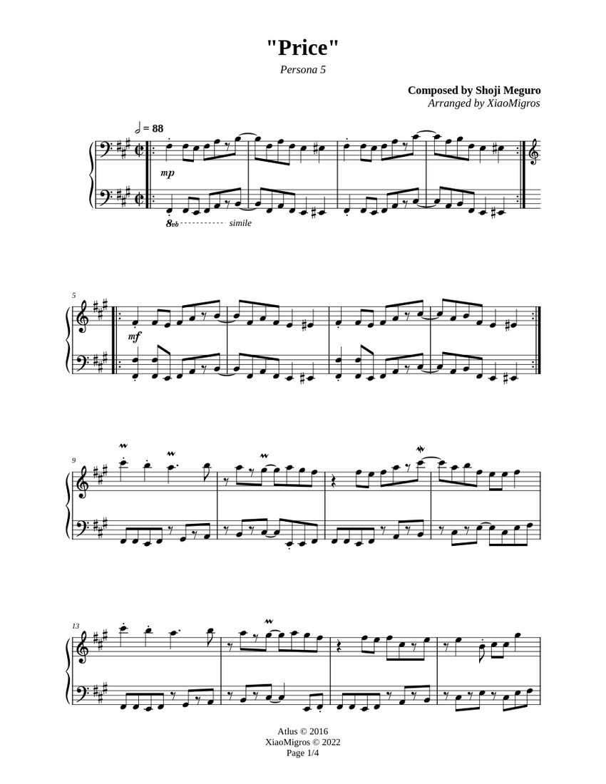Price - Persona 5 Sheet music for Piano (Solo)