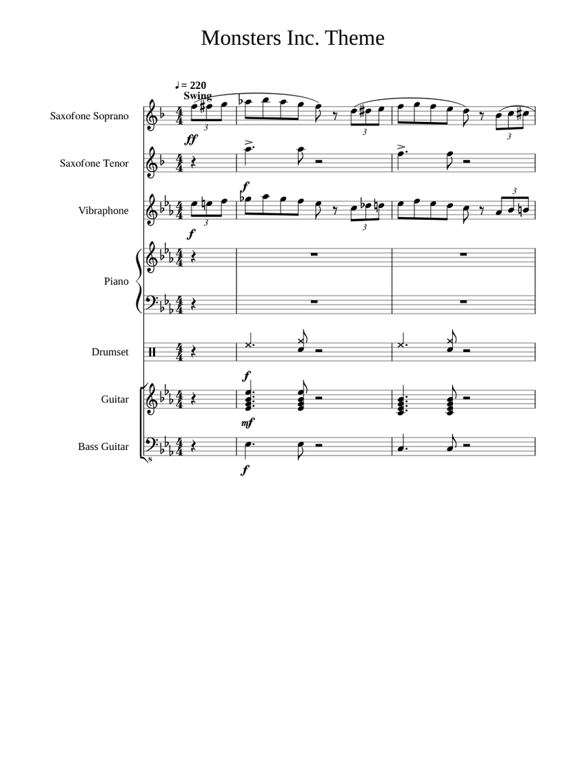 Monsters Inc Opening Theme Sheet music for Piano, Saxophone tenor