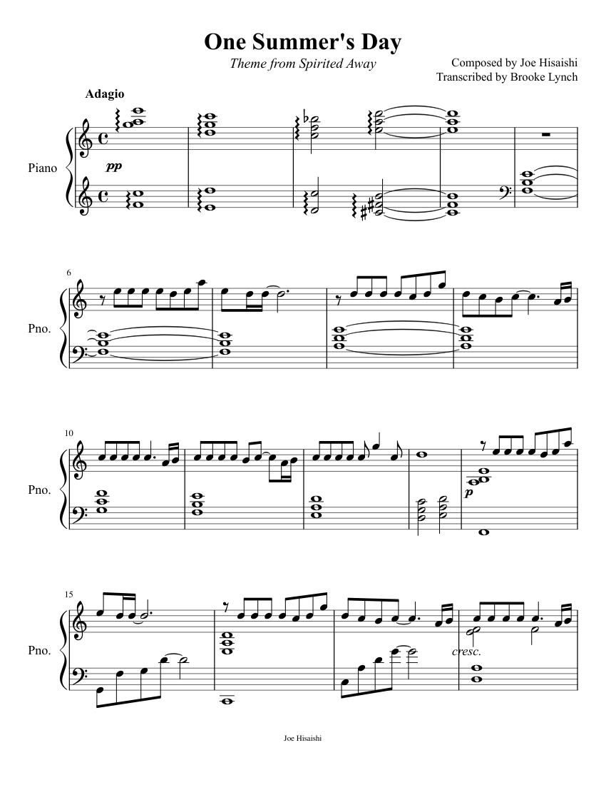 One Summer's Day - Spirited Away - Piano Solo Sheet music for Piano (Solo)  | Musescore.com