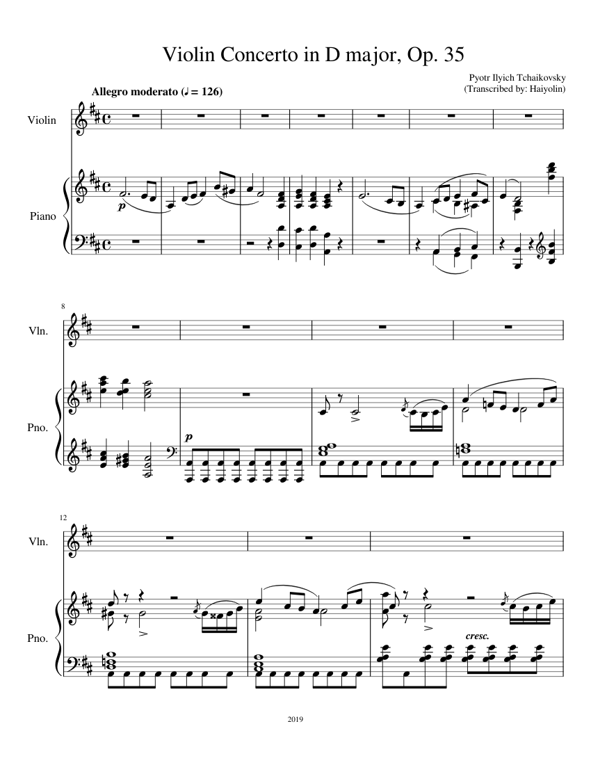Tchaikovsky Violin Concerto in D major, Op. 35 (Piano Reduction) Sheet  music for Piano, Violin (Solo) | Musescore.com