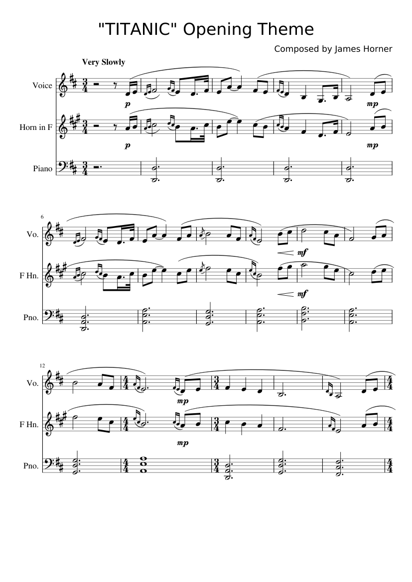 Titanic Opening Theme Sheet music for Piano, Vocals, French horn (Mixed  Trio) | Musescore.com