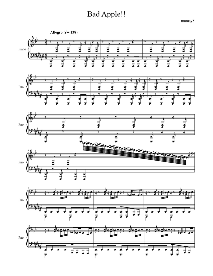 Bad Apple!! (marasy8 version) Sheet music for Piano (Solo) | Musescore.com