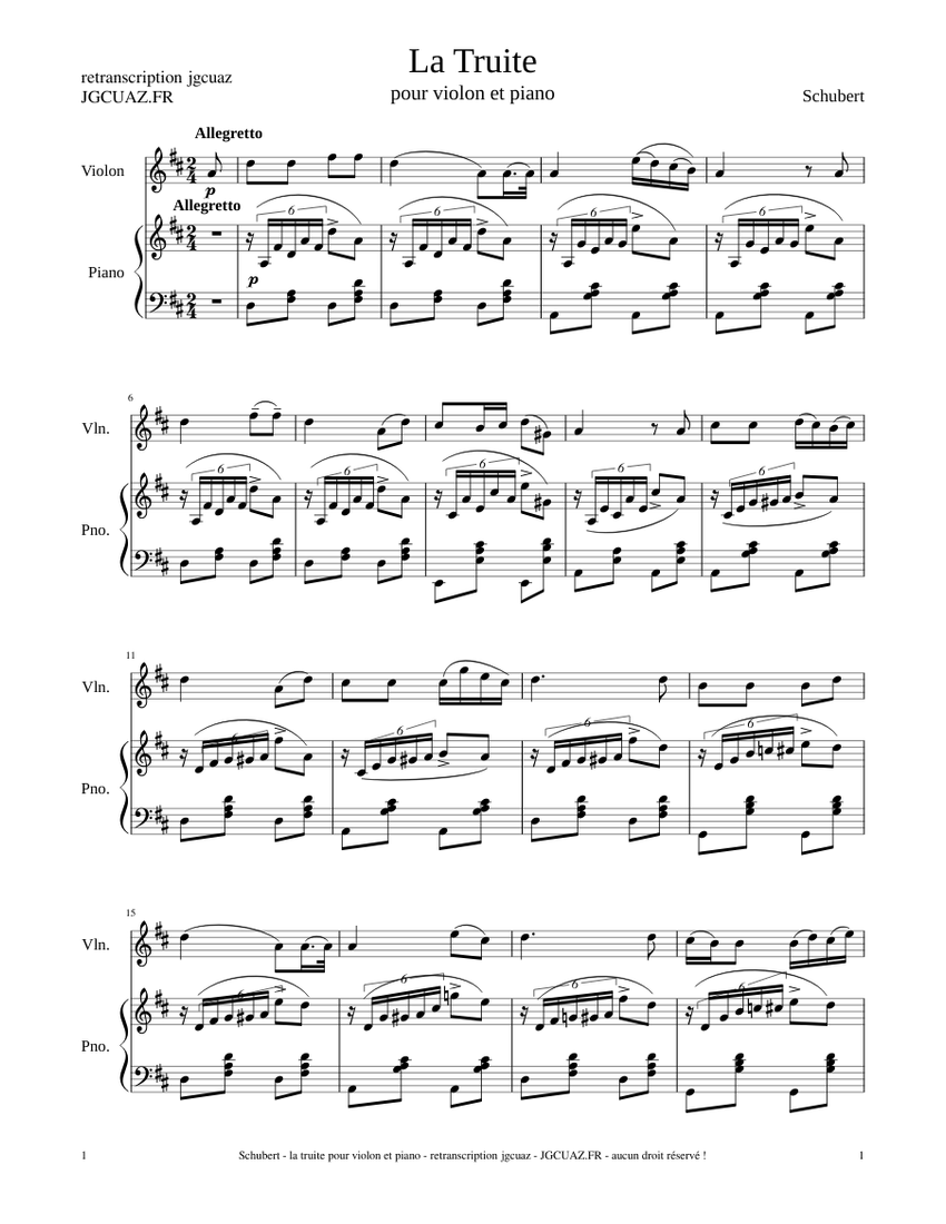 Schubert - la truite pour violon et piano – Franz Schubert Schubert - la  truite pour violon et piano Sheet music for Piano, Violin (Mixed Duet) |  Musescore.com