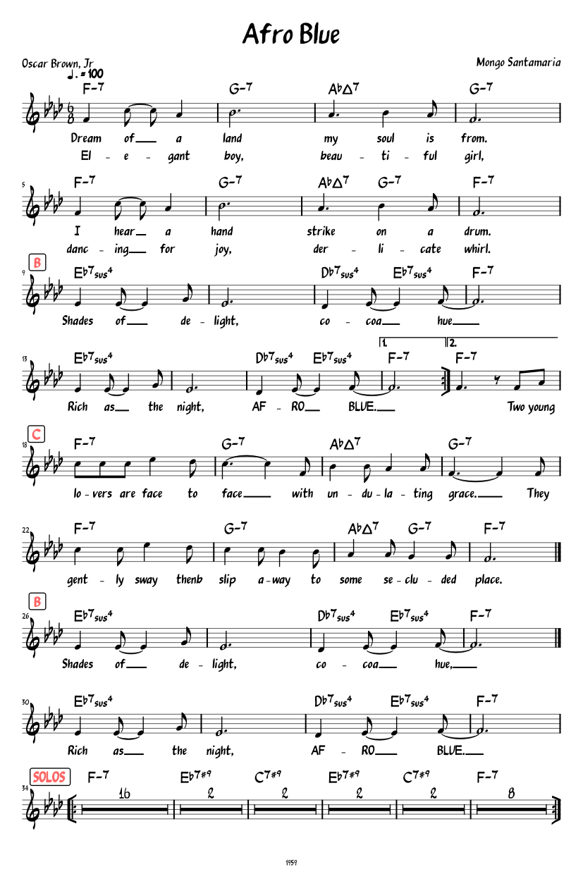 Afro Blue (Lead sheet ) - piano tutorial