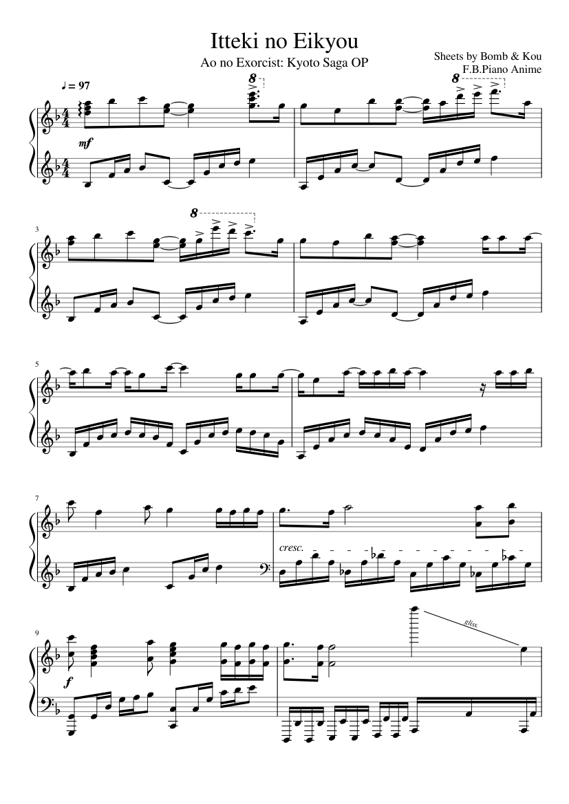 Itteki no Eikyou | Blue Exorcist Season 2 OP | F.B. Piano Anime | Full  Sheets Sheet music for Piano (Solo) | Musescore.com