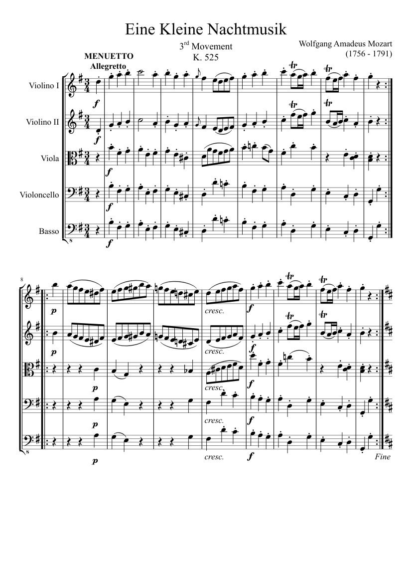 Eine Kleine Nachtmusik, 3rd Movement Sheet music for Contrabass, Violin,  Viola, Cello (String Quintet) | Musescore.com