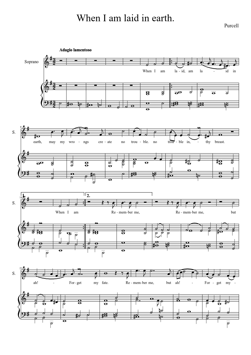 Dido's Lament (When I Am Laid In Earth) (In Em) - Henry Purcell Sheet Music For Piano, Soprano (Piano-Voice) | Musescore.com