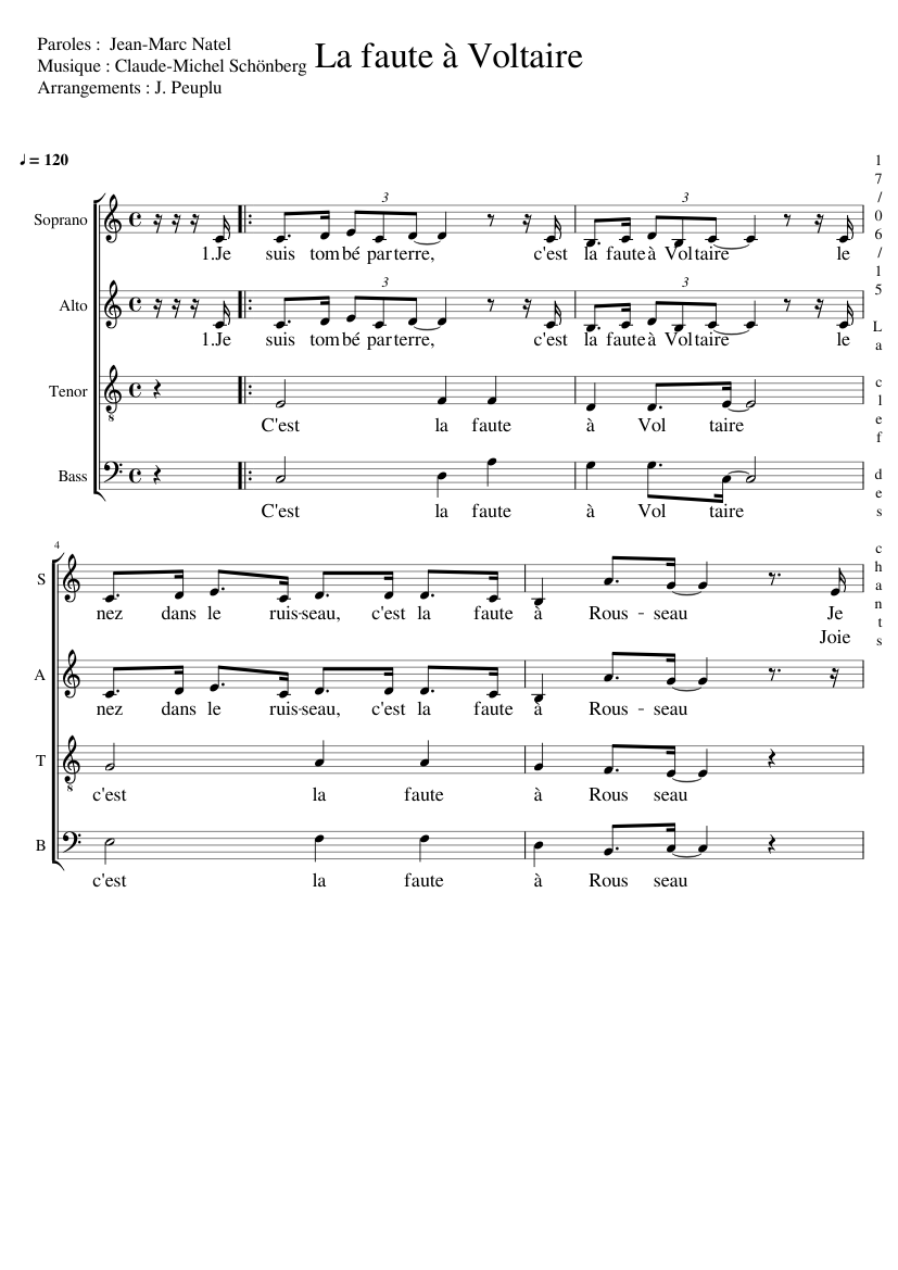 C'est la faute à Voltaire - SATB Sheet music for Soprano, Alto, Tenor, Bass  voice (Choral) | Musescore.com