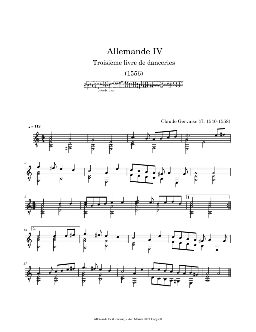 Allemande IV – Claude Gervaise (fl. 1540-1558) Sheet music for Guitar ...