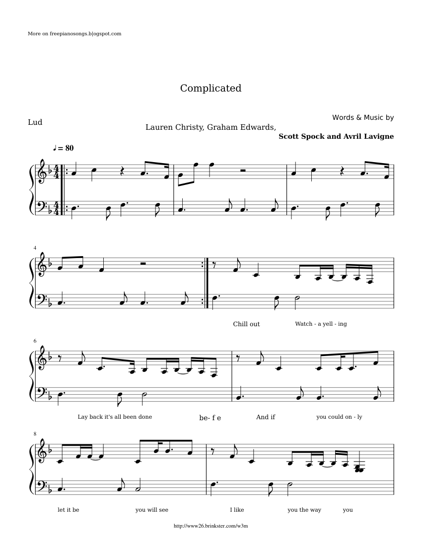 Complicated by avril lavigne Sheet music for Piano (Solo) Easy ...