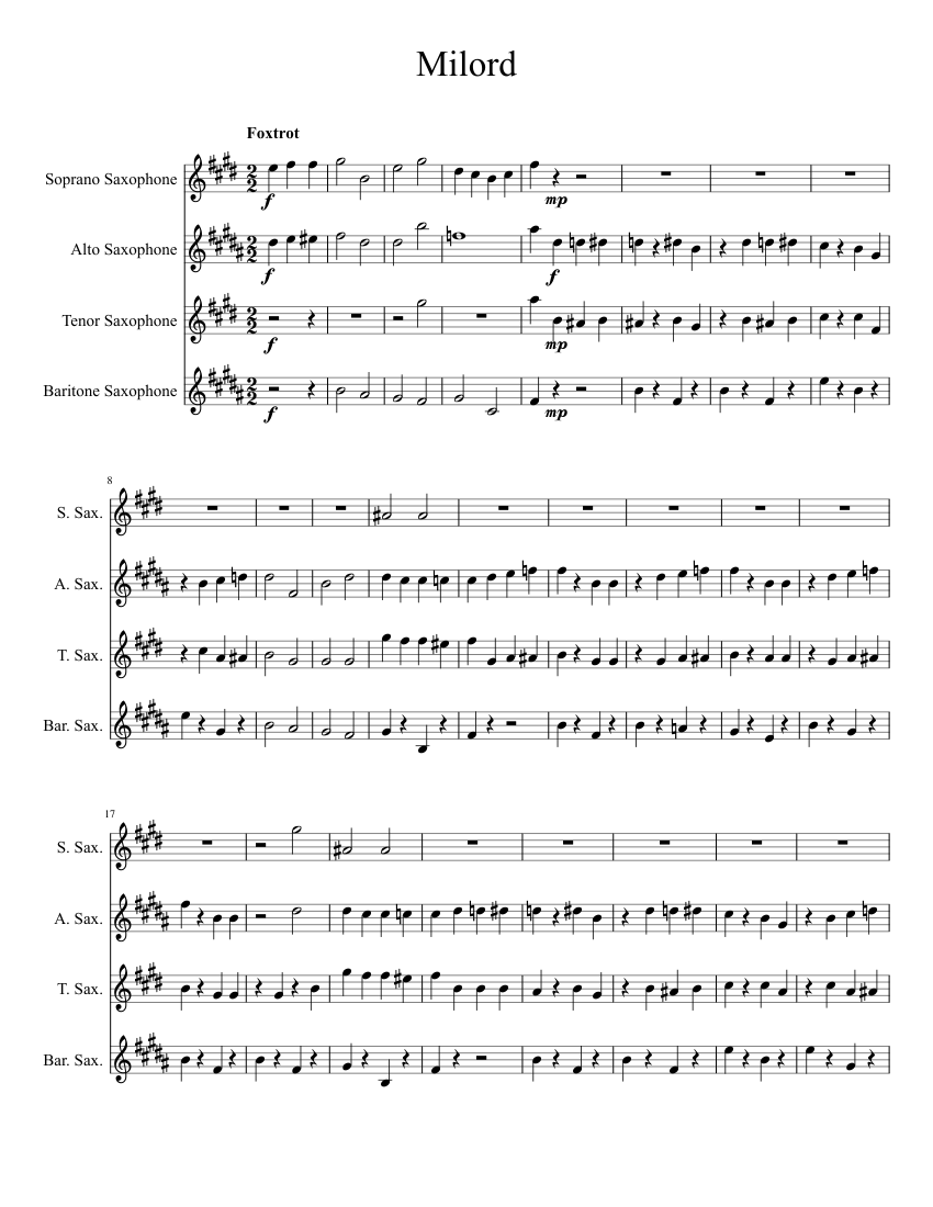 Milord Sheet music for Saxophone alto, Saxophone tenor, Saxophone baritone,  Saxophone soprano (Saxophone Ensemble) | Musescore.com