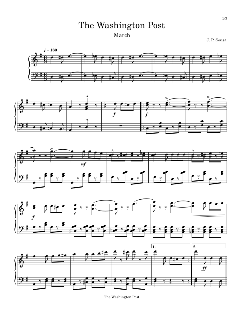 The Washington Post March – John Philip Sousa (for solo Piano) Sheet music  for Piano (Solo) | Musescore.com