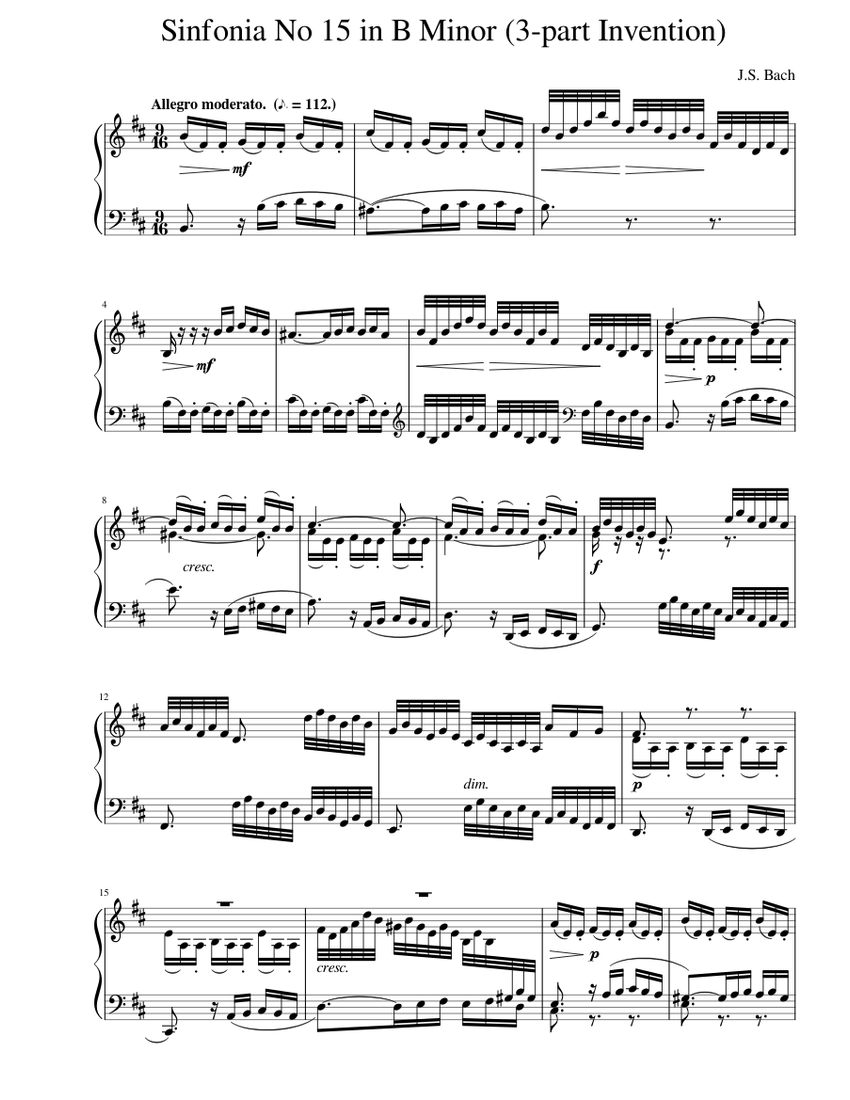 J.S. Bach Sinfonia No. 15 in B Minor (3-part Invention) Sheet music for  Piano (Solo) | Musescore.com