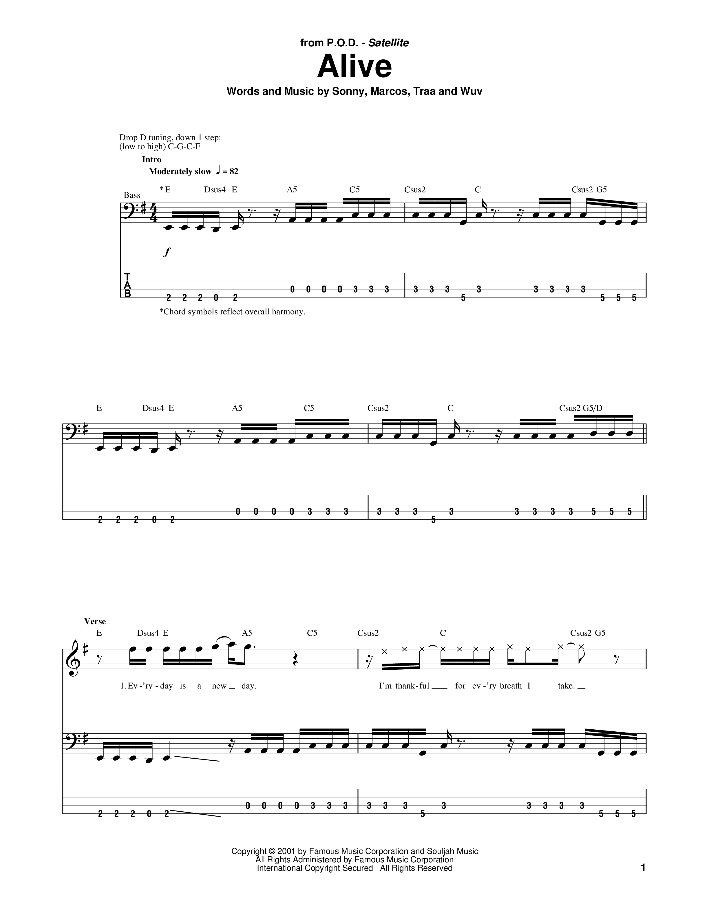 Play Official version of Alive Sheet Music by P.O.D. for Guitar, Bass ...