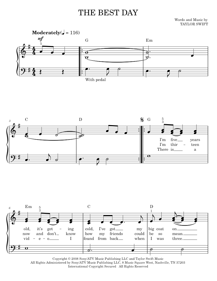 The best day sheet music for piano by taylor swift official musescore