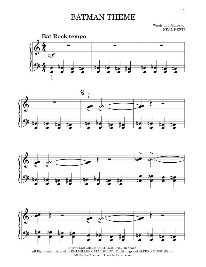 Play Official version of Batman theme Sheet Music by Neal Hefti for ...