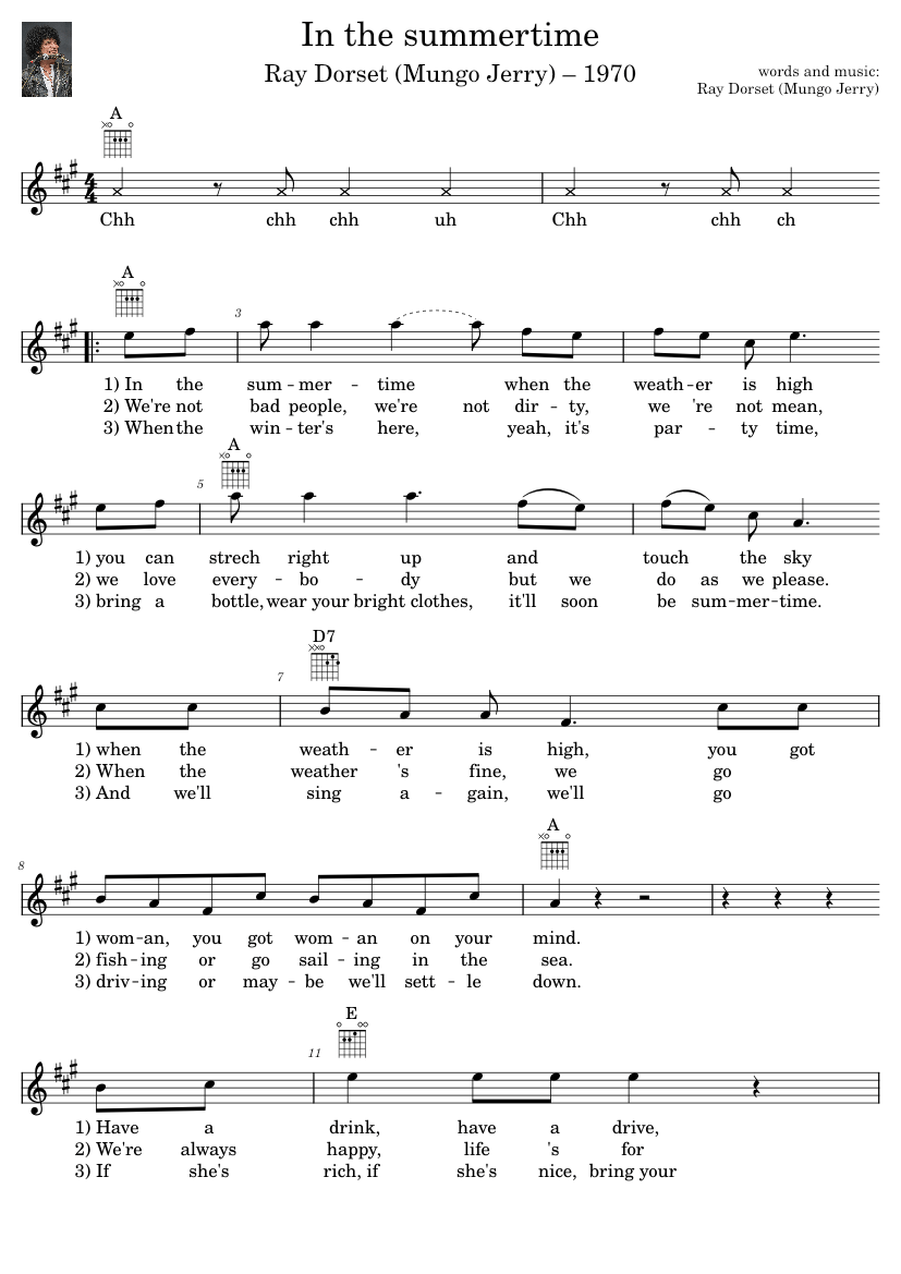 In the summertime Mungo Jerry Sheet music for Vocals, Guitar