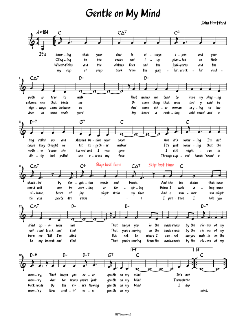 Gentle On My Mind (Lead sheet with lyrics ) Sheet music for Piano (Solo ...