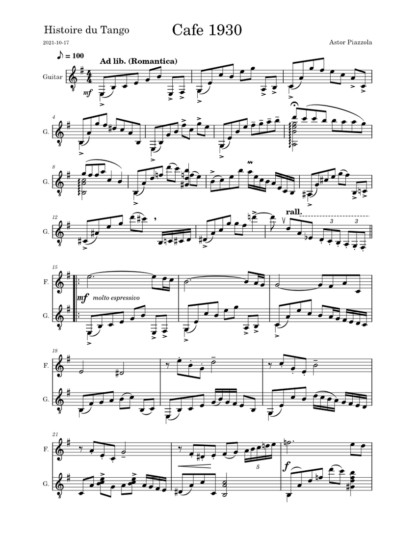 Cafe 1930 - Astor Piazzolla Sheet music for Flute, Guitar (Mixed Duet) |  Musescore.com