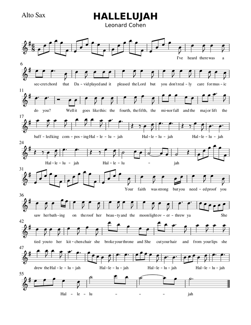 Hallelujah Leonard Cohen Alto Sax Sheet Music For Saxophone Alto Solo