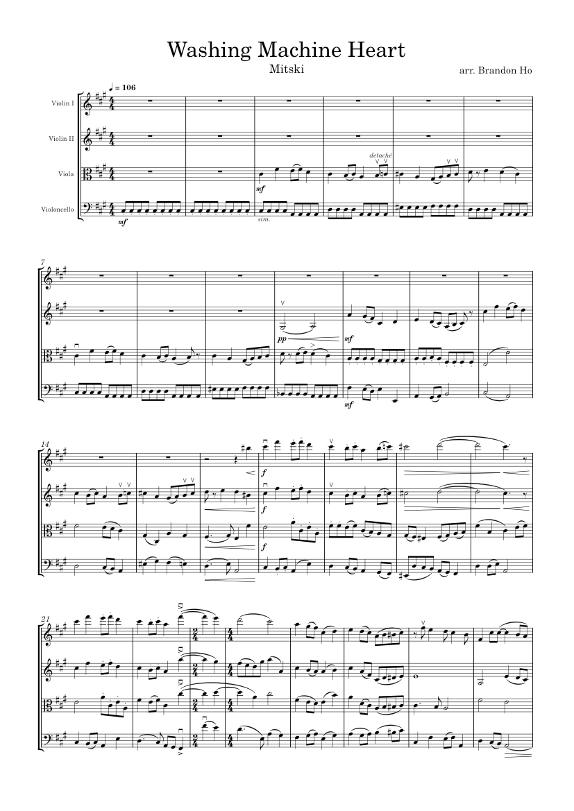 Washing machine heart – Mitski (string quartet) Sheet music for Violin,  Viola, Cello (String Quartet) | Musescore.com