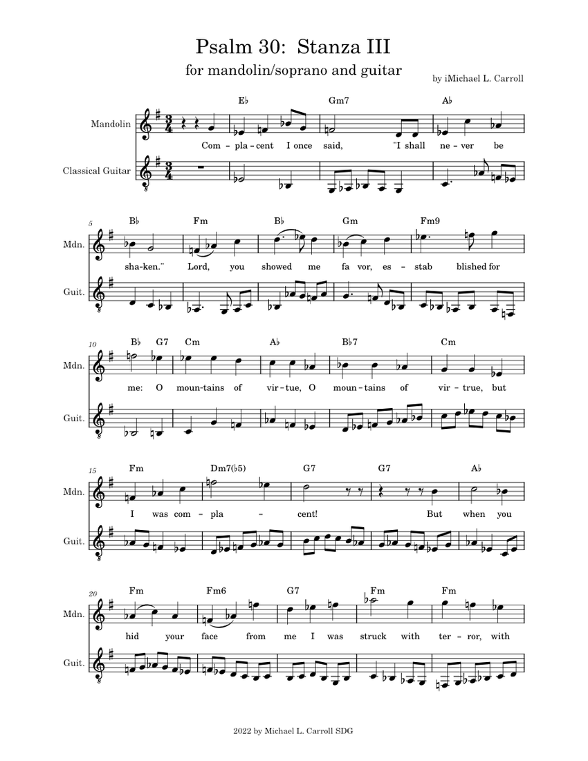 Psalm 30 Stanza III for mandolin/soprano and guitar Sheet music for