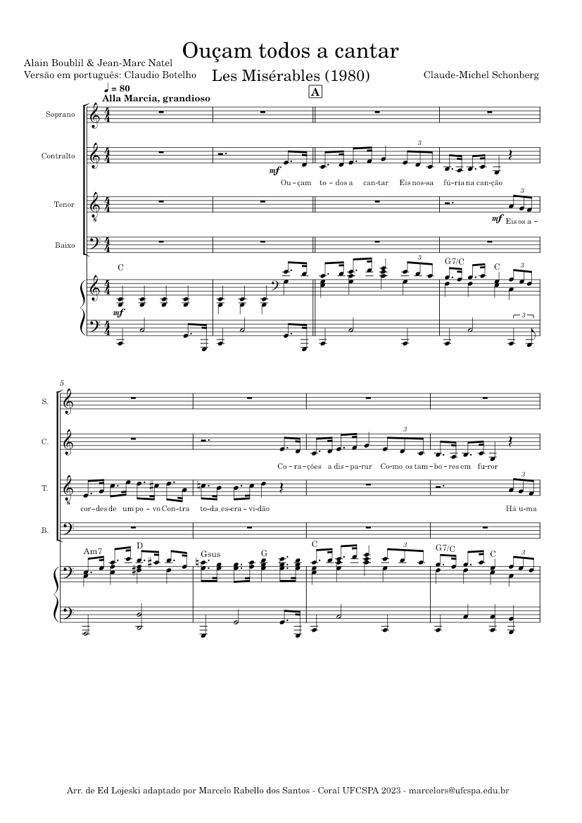 Ouçam todos a cantar – Les Misérables 楽譜 コード付き ピアノ