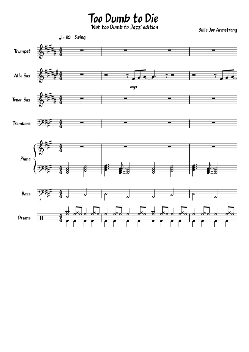Green Day - Too Dumb to Die [Jazz Band] Sheet music for Piano, Trombone,  Saxophone alto, Saxophone tenor & more instruments (Mixed Ensemble) |  Musescore.com