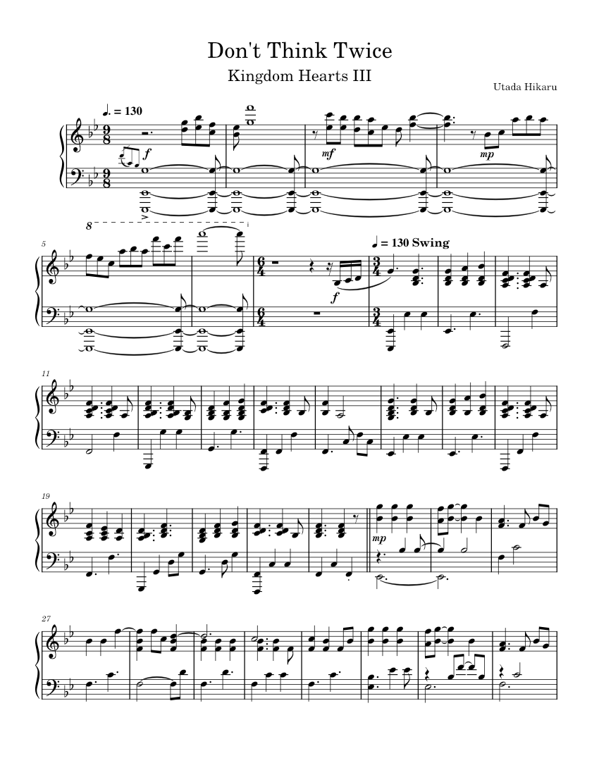 Don't Think Twice (Kingdom Hearts) - Hikaru Utada Sheet music for Piano  (Solo) | Musescore.com