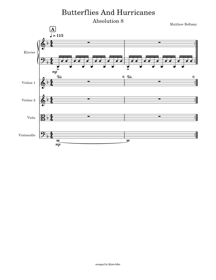 Muse - Butterflies And Hurricanes Sheet music for Piano, Violin, Viola,  Cello (Mixed Quintet) | Musescore.com