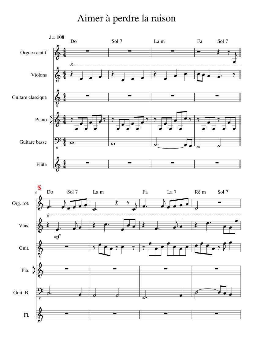 Aimer à perdre la raison Sheet music for Piano, Organ, Flute, Guitar & more  instruments (Piano Sextet) | Musescore.com
