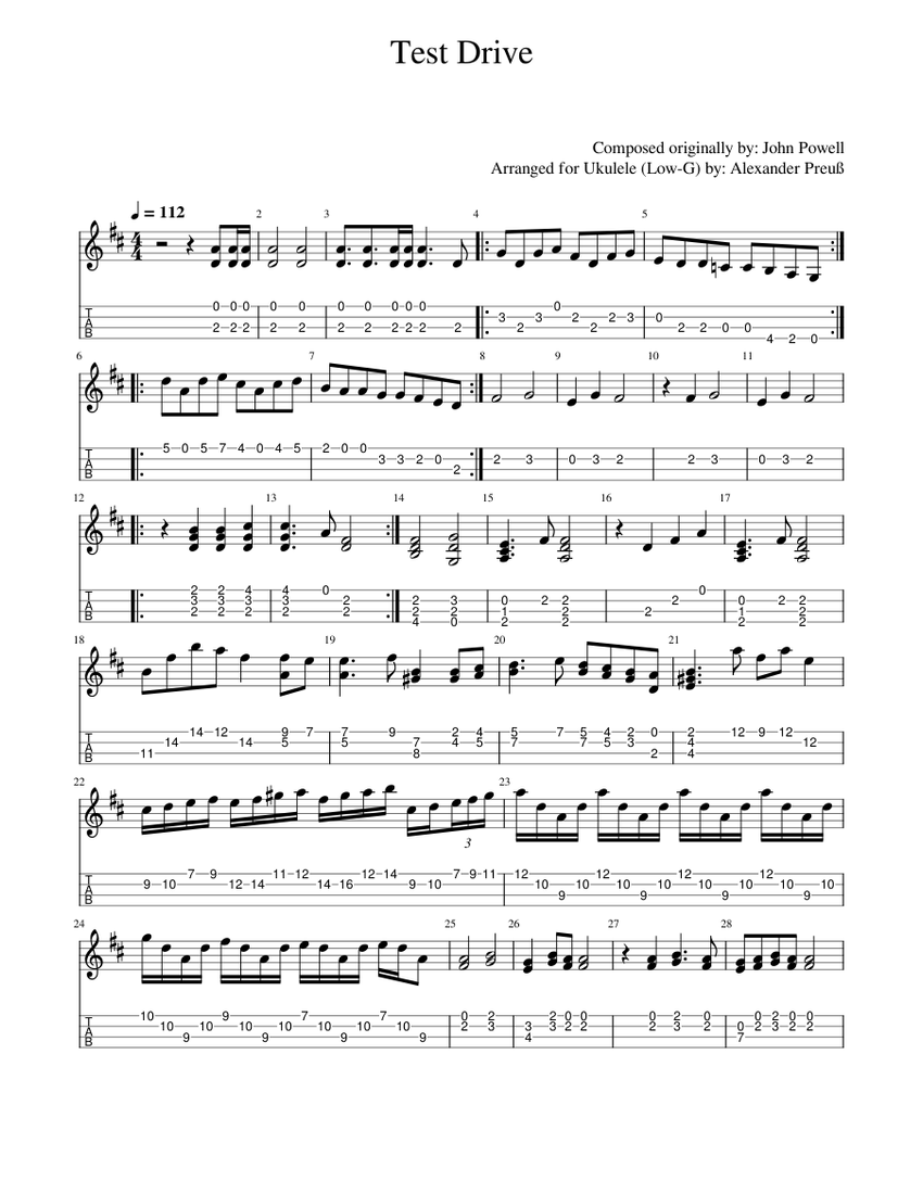 Test Drive John Powell (Ukulele, LowG) [WIP] Sheet music for