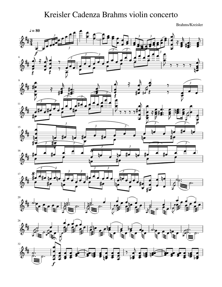 Kreisler's cadenza for the Brahms violin concerto Sheet music for Piano  (Solo) | Musescore.com