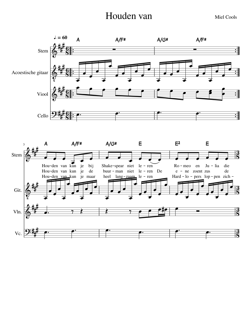 Houden van Sheet music for Cello