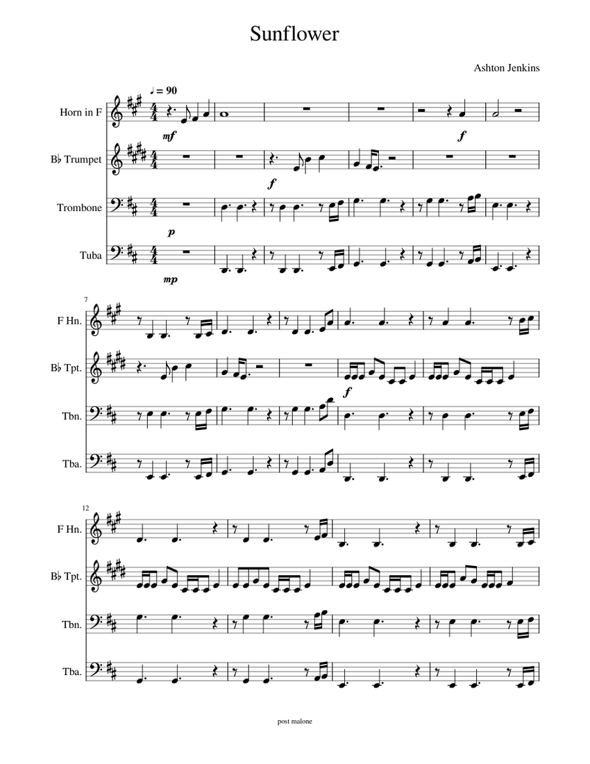 Sunflower By Post Malone Brass Quartet Sheet music for Trombone, Tuba, Trumpet in bflat, French