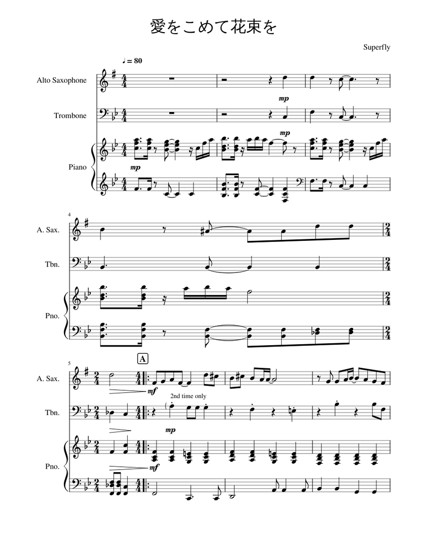 愛をこめて花束を Sheet Music For Piano Trombone Saxophone Alto Piano Trio Musescore Com