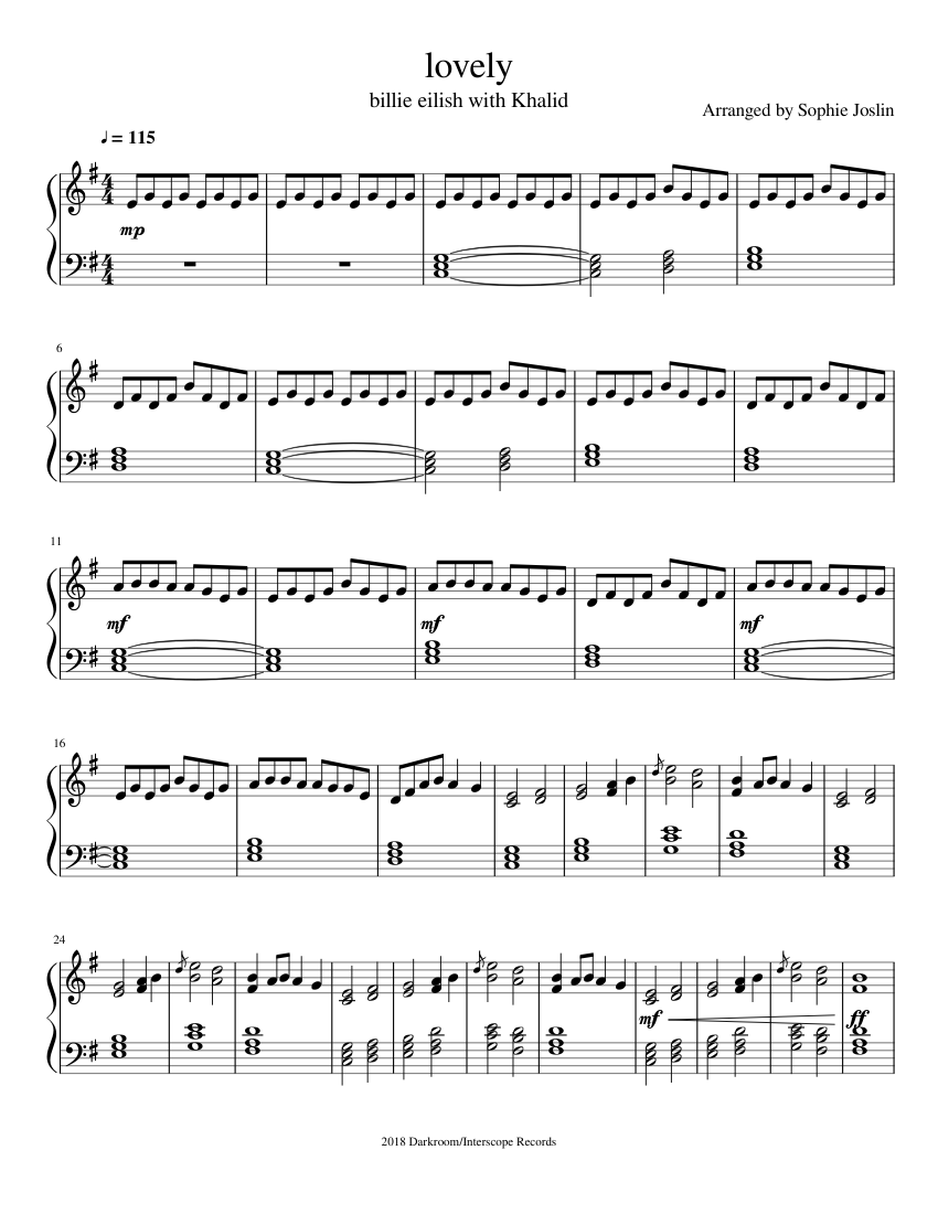 Lovely - Billie Eilish (with Khalid) Sheet music for Piano (Solo) Easy |  Musescore.com